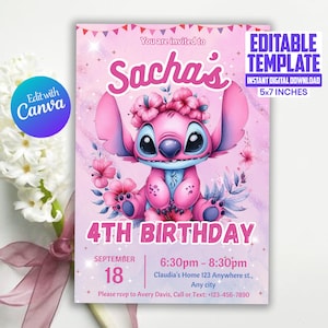 Editable Stitch Party Invitations, Editable Stitch Birthday Party Invitation, Editable Stitch Birthday Invitation, Lilo Birthday Invite Card