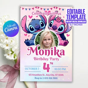 Editable stitch birthday party invitation, Stitch Birthday Invitation,Cute Stitch Party Invite, Editable stitch birthday invitation template