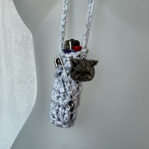 White Meow Crochet Lighter Case Necklace w/ Grumpy Cat Charm