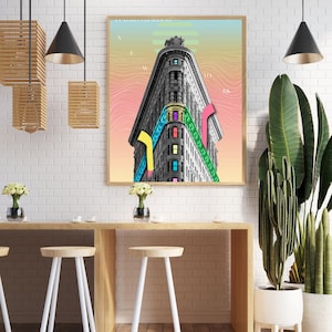 Colorful Flatiron Building Wall Art Print – Modern New York Poster – NYC Architectural Decor – Pop Art Illustration