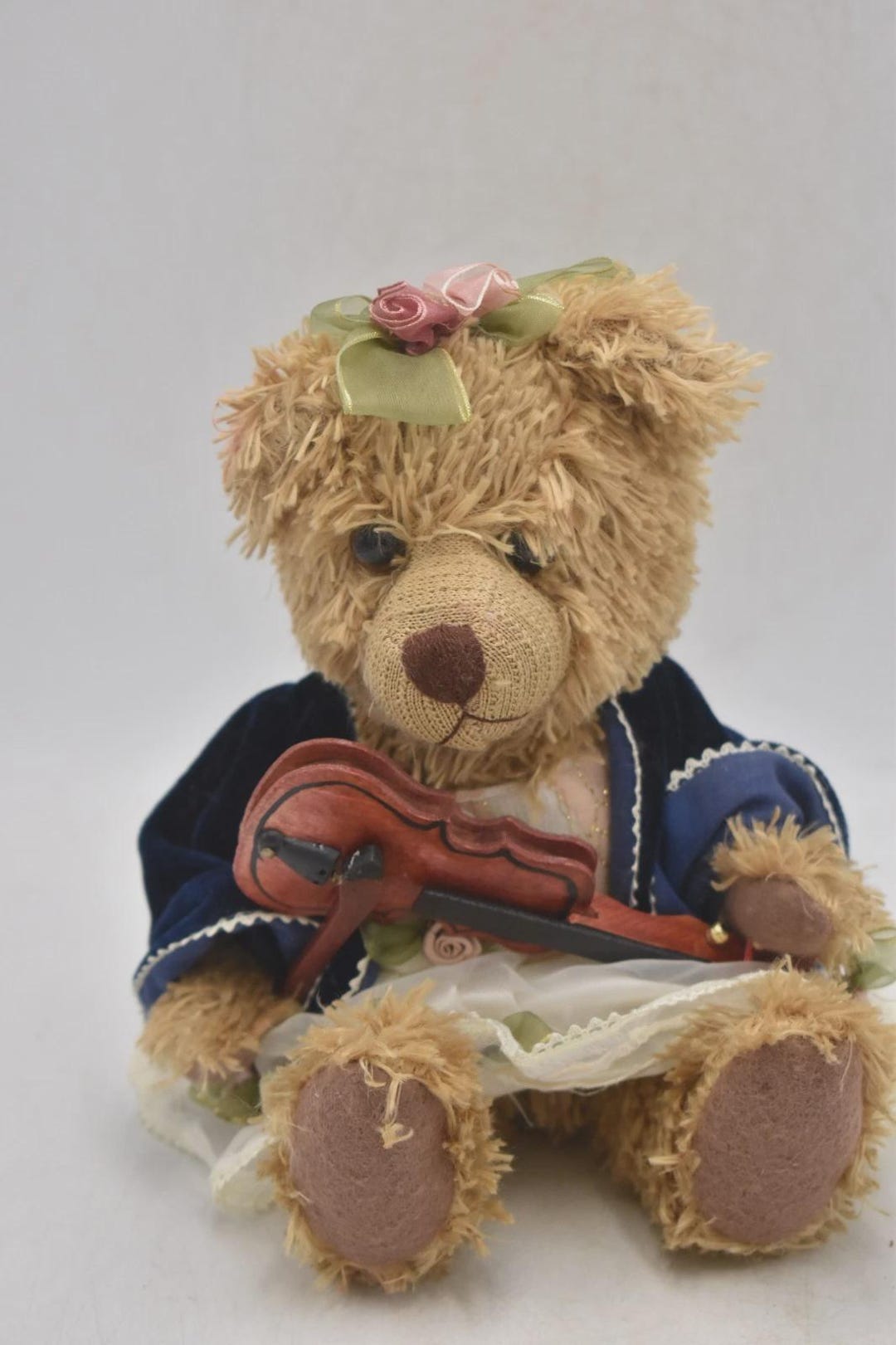 Vintage Jointed Windsor Teddy Bear With Violin and Floral Dress