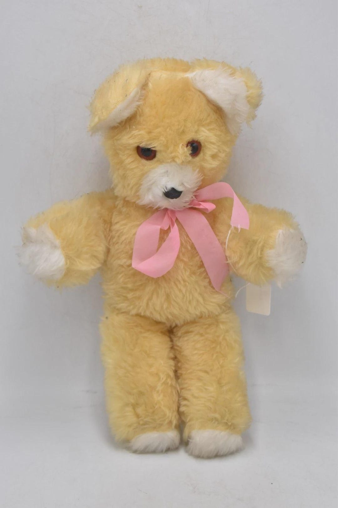 Vintage 1970s Plush Teddy Bear Soft Toy With Pink Bow 32cm Collectible ...