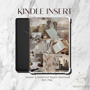 May include: A Kindle insert with a clear case, featuring a collage of aesthetic images in beige and brown tones. The collage includes books, clouds, and perfume. Text at the top reads "KINDLE INSERT".