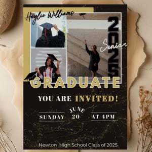 Invito di laurea, classe del 2025 / Festa di laurea / Modello di invito modificabile in oro e nero