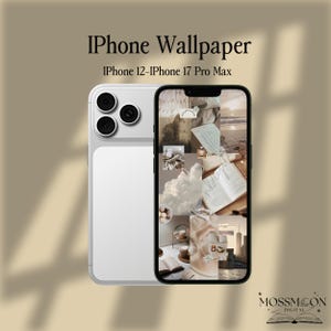 May include: A silver iPhone 12-17 Pro Max with a collage wallpaper featuring clouds, books, and cityscapes. The text "iPhone Wallpaper" and "MOSS MOON DIGITAL" are displayed.