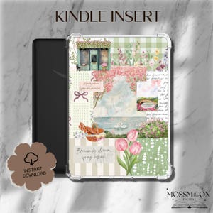 Può includere: Un inserto per Kindle con un design a collage a tema primaverile. Il design presenta un caffè, fiori, un cestino da picnic e una scena lacustre. Il testo "Kindle Insert" è in alto e "Bloom where you are planted" è scritto sul design.