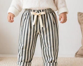 Pantalones vintage de lino y algodón a rayas, pantalones harem para niños pequeños, ropa para bebés (niño o niña), conjunto unisex para niños, pantalones bohemios a rayas, ropa de verano.