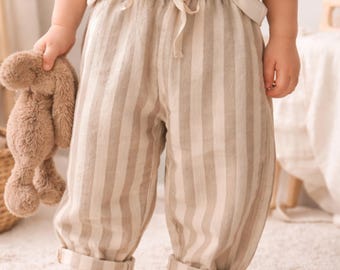 Pantalones de lino y algodón a rayas para bebé, estilo vintage, con cintura elástica y bolsillos, unisex.