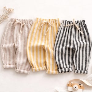 Pantalones de lino y algodón a rayas para bebé, estilo vintage, con cintura elástica y bolsillos, unisex.