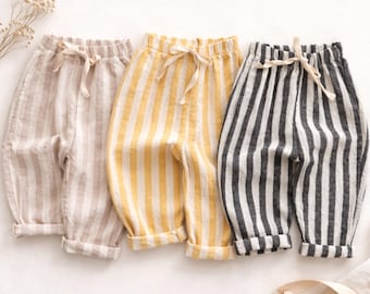 Pantalones de lino y algodón a rayas para bebé, estilo vintage, con cintura elástica y bolsillos, unisex.