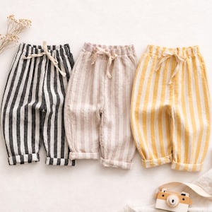 Baby Linen Cotton Stripe Pants, Baby Harem Pants, Striped Baby Pants, Vintage Toddler Trousers, Neutral Baby Outfit, Unisex Kids, Boho