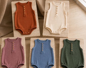 Body niemowlęce z bawełny organicznej, muślinowe body niemowlęce, bezrękawnik, neutralny strój niemowlęcy, kombinezon z gazy, unisex dla niemowląt, styl boho dla małych dzieci, lato