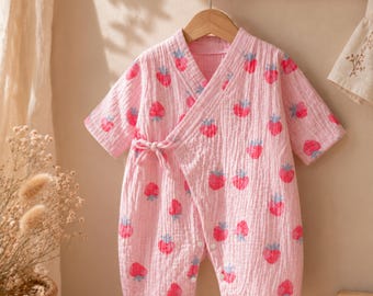 Pelele rosa con fresas para bebé, conjunto de muselina para niña, mono kimono para bebé, body de gasa de algodón suave, regalo para baby shower, pijama para niños pequeños