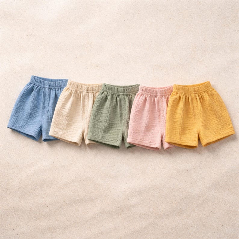 May include: Five pairs of children's shorts in a row, each in a different pastel color: light blue, cream, sage green, pink, and yellow. The shorts have an elastic waistband and a textured, crinkled fabric.