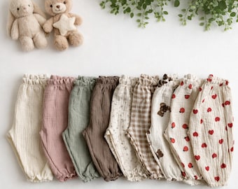 Pantalones de muselina de algodón orgánico para bebé, bombachos unisex suaves, pantalones bohemios para niño pequeño, ropa de gasa para niño.