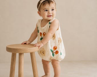 Pelele Cherry Baby, Mono de muselina con burbujas, Conjunto infantil neutro, Mono de verano, Ropa infantil unisex, Estilo de algodón ligero, Regalo para baby shower