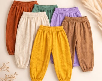 Organic Muslin Baby Pants, Cotton Toddler Harem Trousers, Unisex Summer Kids Clothes, Soft Breathable Baby Bottoms