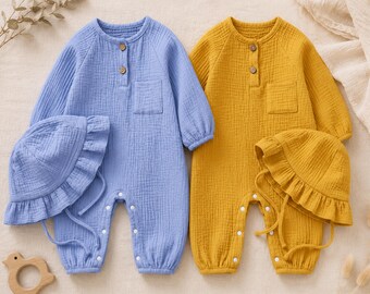 Musselin Baby Strampler und Mütze Set, Neugeborenen Baumwoll Outfit, Weicher Overall, Neutrale Kinderkleidung, Baby-Dusche-Geschenk