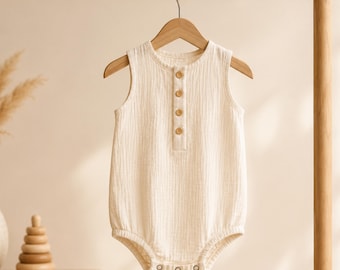Pelele de algodón orgánico para bebé, body de muselina para bebé, mono sin mangas, conjunto neutro para bebé, pelele de gasa, unisex para bebés, estilo bohemio para niños pequeños, verano