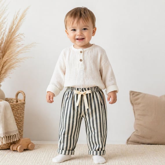 Vintage Linen Cotton Striped Pants, Toddler Harem Pants, Baby Boy Girl Clothing, Unisex Kids Outfit, Boho Stripe Bottoms, Summer Wear