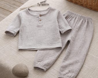 Conjunto de muselina de algodón orgánico para bebé, conjunto para niño pequeño, ropa de bebé de 2 piezas, conjunto de muselina unisex, conjunto neutro para bebé, conjunto a juego para niños, regalo para bebé