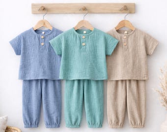 Conjunto de bebé de algodón orgánico, conjunto de muselina para niño, ropa de manga corta para bebé, regalo para bebé niño, colores neutros