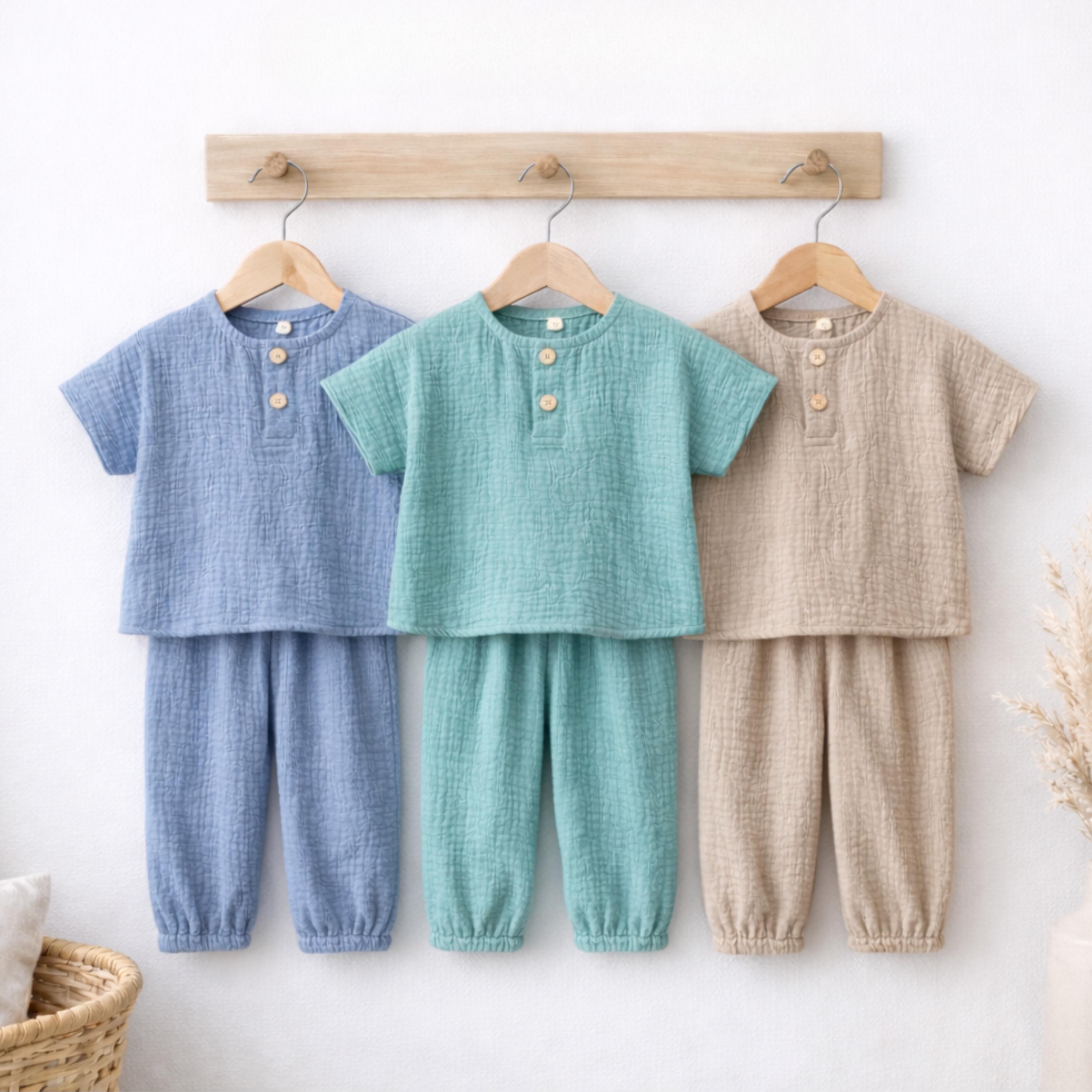 Organic Cotton Baby Set, Muslin Children Set, Toddler Outfit, Short Sleeve Baby Boy Clothes, Baby Boy Gift Combo, Neutral Colors