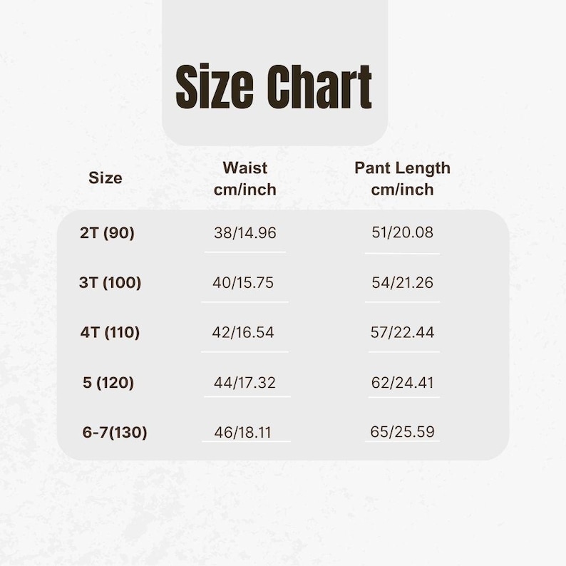 Puede incluir: Una tabla de tallas con el texto "Size Chart" en la parte superior. La tabla enumera las tallas 2T a 6-7, con medidas de cintura en cm/pulgadas que van desde 38cm a 46cm y largos de pantal&oacute;n de 51cm a 65cm.