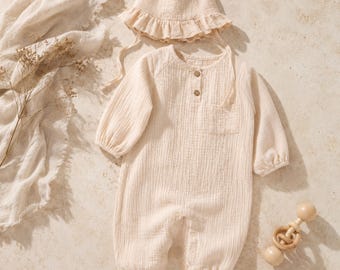 Conjunto de pelele y gorro de muselina para bebé, conjunto de algodón para recién nacido, ropa suave para niño, mono infantil, ropa infantil neutra, regalo para baby shower.