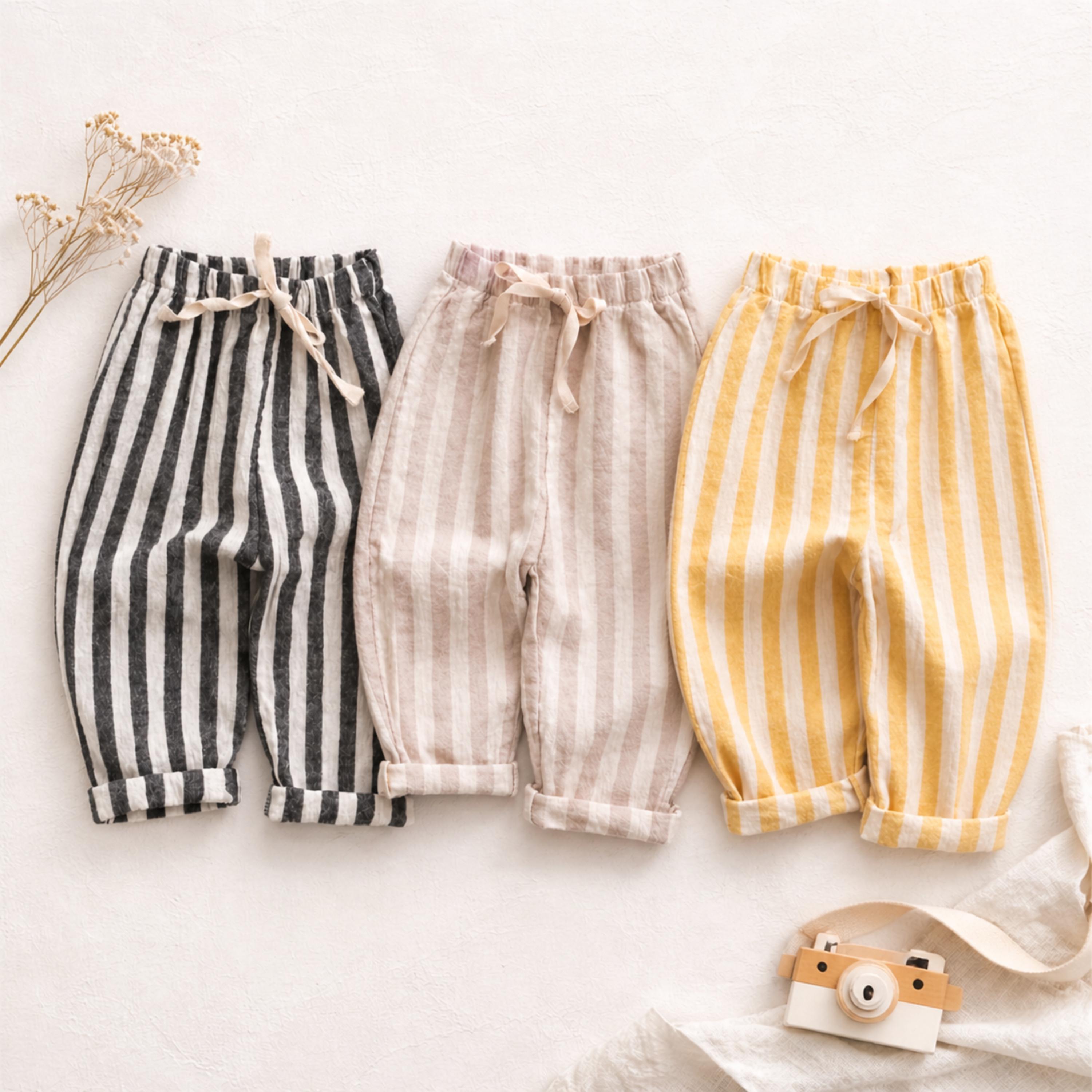 Baby Linen Cotton Stripe Pants, Baby Harem Pants, Striped Baby Pants, Vintage Toddler Trousers, Neutral Baby Outfit, Unisex Kids, Boho