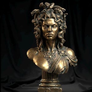 May include: A bronze-toned bust of Medusa featuring a stern facial expression, intricate snake hair, and a detailed necklace. The figure is draped in fabric over one shoulder and rests upon a fluted column base with a weathered, cracked texture.