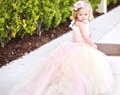 Reserved for Wassan-------Lace Flower Girl Dress with Train-Blush Pink--Formal Wear Tutu Detachable Train--Pink Champagne--Summer Weddings