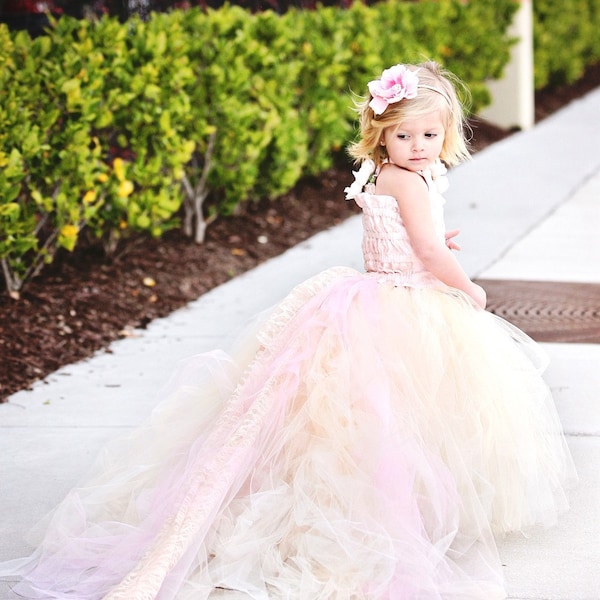 Reserved for Kaley Turner--Lace Flower Girl Dress w Tutu and Detachable Train--Pink Champagne--Perfect for Weddings, Pageants and Portraits