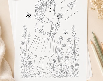 May include: Black and white line art coloring page featuring a girl blowing dandelion seeds. The girl wears a flower crown and dress, surrounded by flowers and butterflies. Includes the text "10 Coloring Pages".