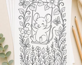 May include: A stack of 10 coloring pages featuring a line drawing of a mouse on a swing surrounded by flowers and butterflies. The pages are A4 size and available for instant download. The text "10 Coloring Pages" is in a circle.