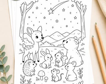 May include: A stack of coloring pages featuring a forest scene with a deer, bear, rabbit, squirrel, hedgehog, and mouse. The pages have the text "10 Coloring Pages", "10 Pages", "A4 Size", "Instant Download", and "Print & Enjoy".