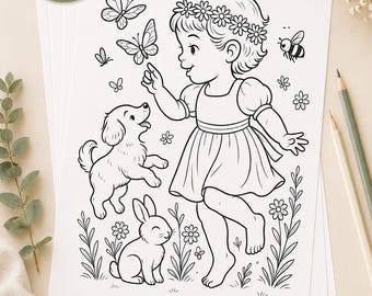 May include: A stack of coloring pages featuring a line drawing of a girl with a flower crown, butterflies, a dog, a rabbit, and a bee. The pages are labeled with "30 Coloring Pages", "A4 Size", "Instant Download", and "Print & Enjoy".