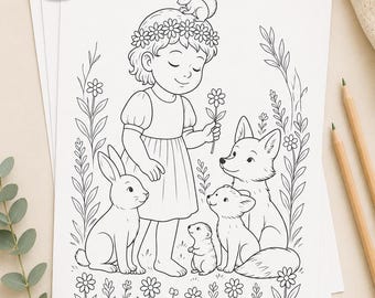 May include: A stack of coloring pages featuring a girl with a flower crown, surrounded by animals including a rabbit, fox, and squirrel. The pages are labeled with "10 Coloring Pages" and include icons for A4 size, instant download, and print & enjoy.