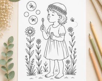 Puede incluir: Página para colorear en blanco y negro con una niña soplando burbujas, rodeada de flores e insectos. La imagen incluye el texto "10 PAGES", "A4 SIZE", "INSTANT DOWNLOAD" y "PRINT & ENJOY".