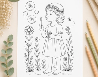 May include: Black and white coloring page featuring a young girl blowing bubbles, surrounded by flowers and insects. The image includes the text "10 PAGES", "A4 SIZE", "INSTANT DOWNLOAD", and "PRINT & ENJOY".