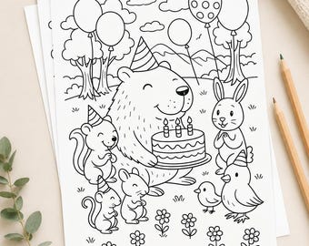 May include: A black and white coloring page featuring a capybara holding a birthday cake, surrounded by other animals. The page includes balloons, trees, and flowers. Text on the page reads "10 Capybara Coloring Pages", "10 Pages", "A4 Size", "Instant Download", and "Print & Enjoy".