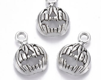 Amuletos de peltre Jack O'Lantern, amuletos de calabaza de Halloween, amuletos de plata para joyas de Halloween, amuletos para pendientes y pulseras de Halloween, 10pcs