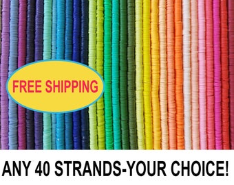 YOU PICK! - Any 40 strands of 6mm our vibrant Polymer Heishi Bead Colors and FREE Shipping, Heish Bead Assortment, Free Shipping Heish Beads