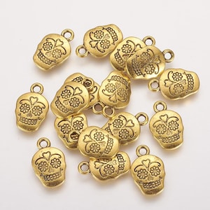 10 pcs Antique Gold Sugar Skull Charms for Halloween, Day of the Dead Charms, Halloween Skull charms, Halloween charms for jewelry making