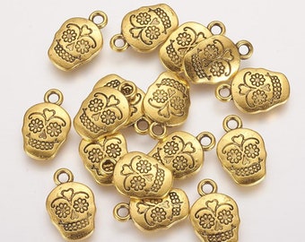 10 pcs Antique Gold Sugar Skull Charms for Halloween, Day of the Dead Charms, Halloween Skull charms, Halloween charms for jewelry making