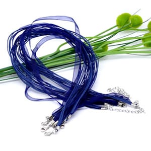 5 pcs DIY Necklace Blue Organza Ribbon and Waxed Cord/ Semi Finished Necklace/Ribbon Necklace/Necklace Cord/DIY Necklace/Organza Necklace