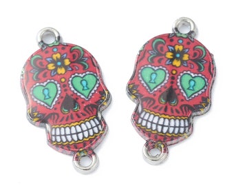 5 Red Sugar Skull Charm Connectors, Halloween Jewelry DIY