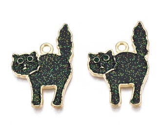 5 Glittery Halloween Black Cat Charms, Trick or Treat Charms for Halloween Jewelry, Charms for DIY Halloween Earrings and Bracelets