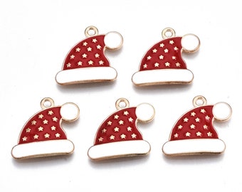 5pcs Christmas Enamel Santa Hat Charms, Holiday Jewelry DIY