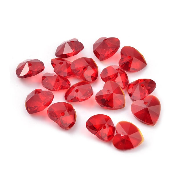 6 pcs 10mm Red Heart Multi-Faceted Glass Crystal Charm Beads, Glass Heart Beads 10mm, Valentine's Day Beads, Heart Beads, Glass Hearts